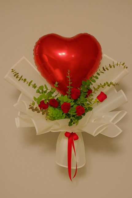 Buca Çiçekçi-Kırmızı Kalpli Balon ve Kırmızı Güller