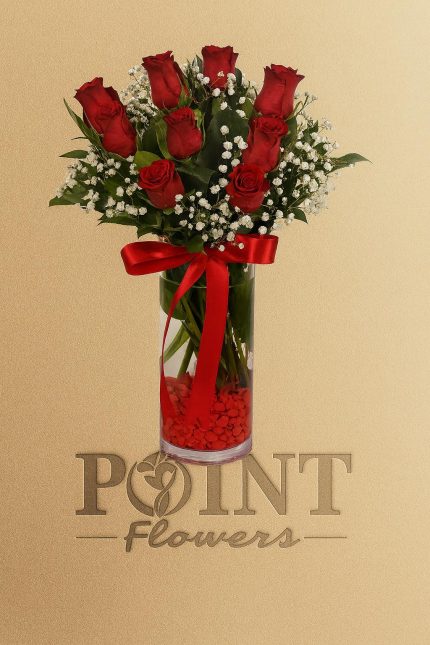 Buca Çiçekçi Cam Vazoda 9 Dal Kırmızı Güller ARJ0082