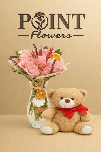 Buca Çiçekçi Cam Vazoda 13 Dal Pembe Güller ve Ayıcık ARJ0081