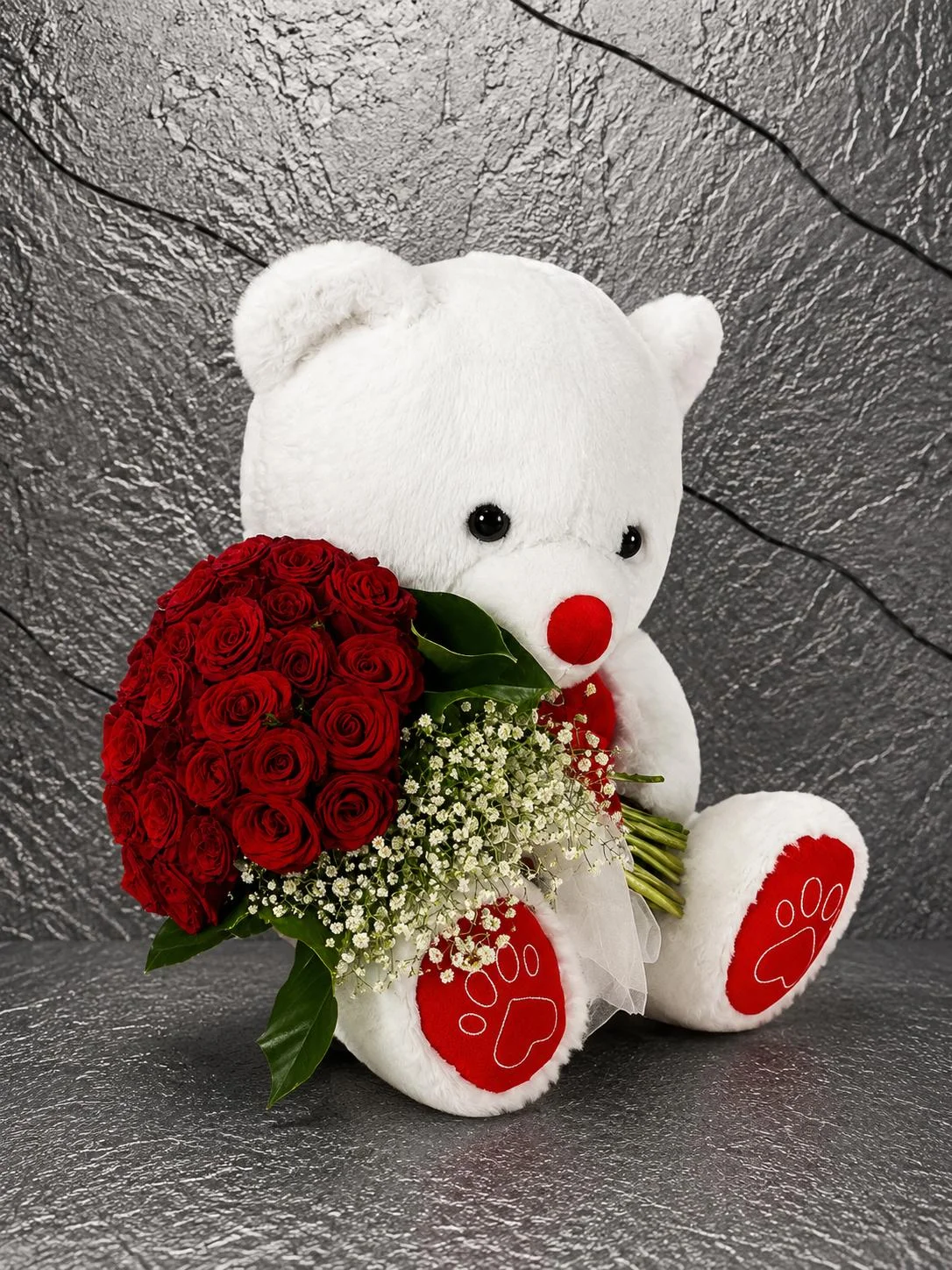 Buca-Cicekci-I-Izmir-Cicekci-BKT0006 41 Dal Kırmızı Gül ve Peluş Ayıcık Buketi