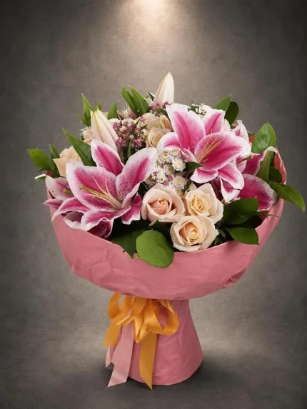 Premium Pembe Lilyum ve Somon Gül Buketi. Buca Çiçekçi. BKT0011