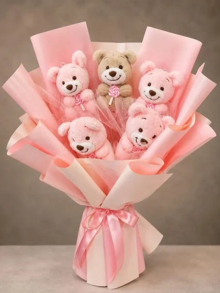 Şeker Rüyası Ayıcık Buketi pembe peluş ayıcıklar Buca Çiçekçi İzmir