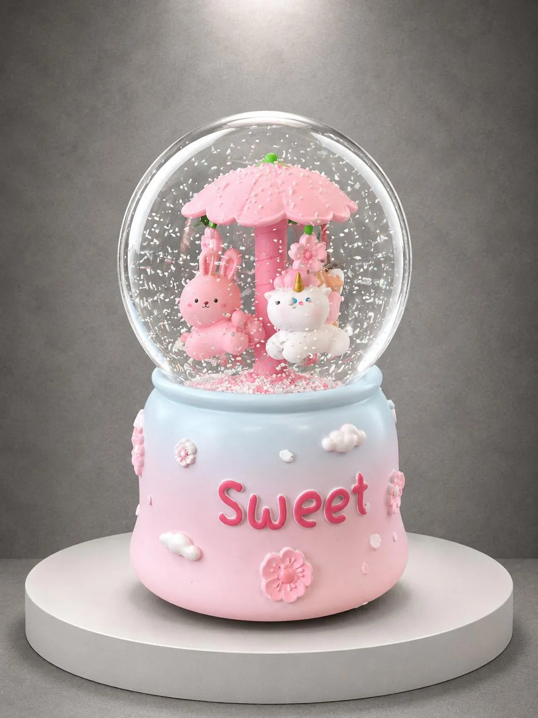 Tatlı Dostlar Kar Küresi KAR0009 Tatlı Dostlar Kar Küresi pembe tavşan ve unicorn figürlü dekoratif kar küresi Buca Çiçekçi İzmir